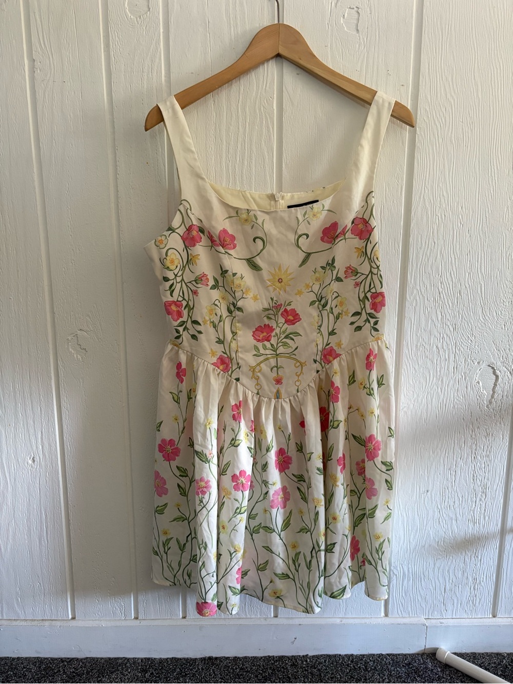 Cream Floral Sundress with Pink and Green Embroidery